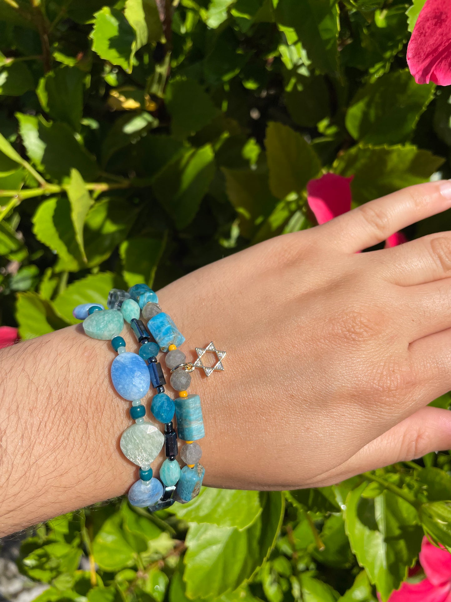 3 Layers Amazonite, Apatite, Jade, Agate Blue Gemstones  Magen David Bracelet