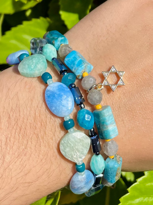 3 Layers Amazonite, Apatite, Jade, Agate Blue Gemstones  Magen David Bracelet