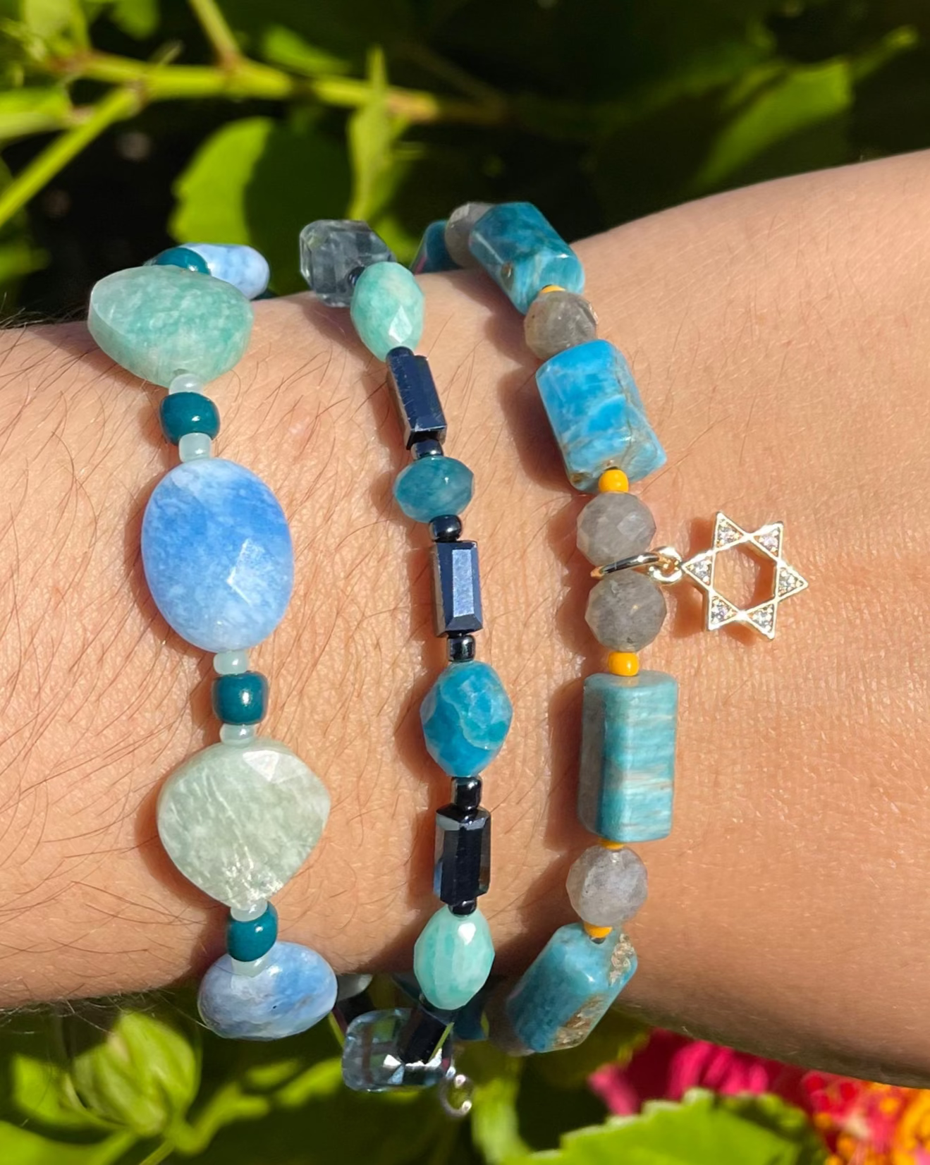 3 Layers Amazonite, Apatite, Jade, Agate Blue Gemstones  Magen David Bracelet