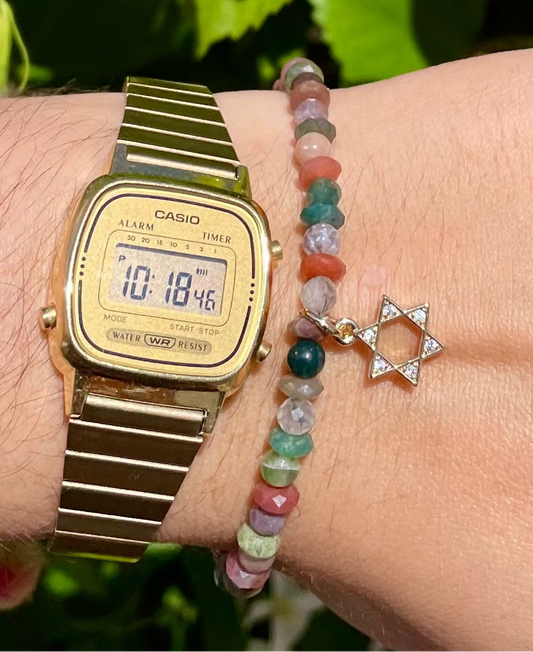 Indian Agate Gemstones Gold Plated Magen David Bracelet