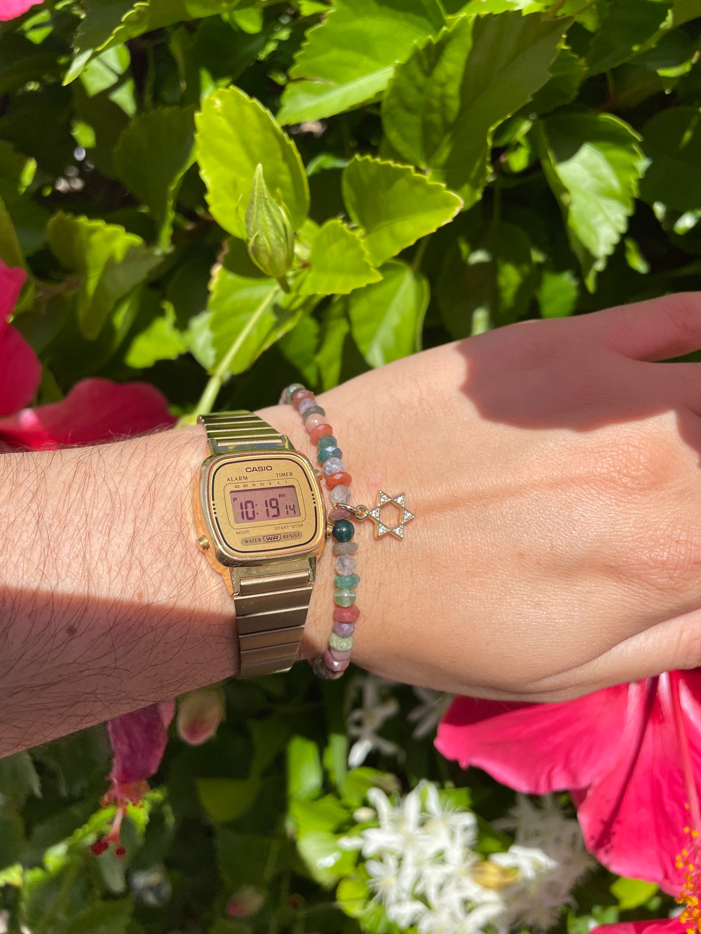 Indian Agate Gemstones Gold Plated Magen David Bracelet