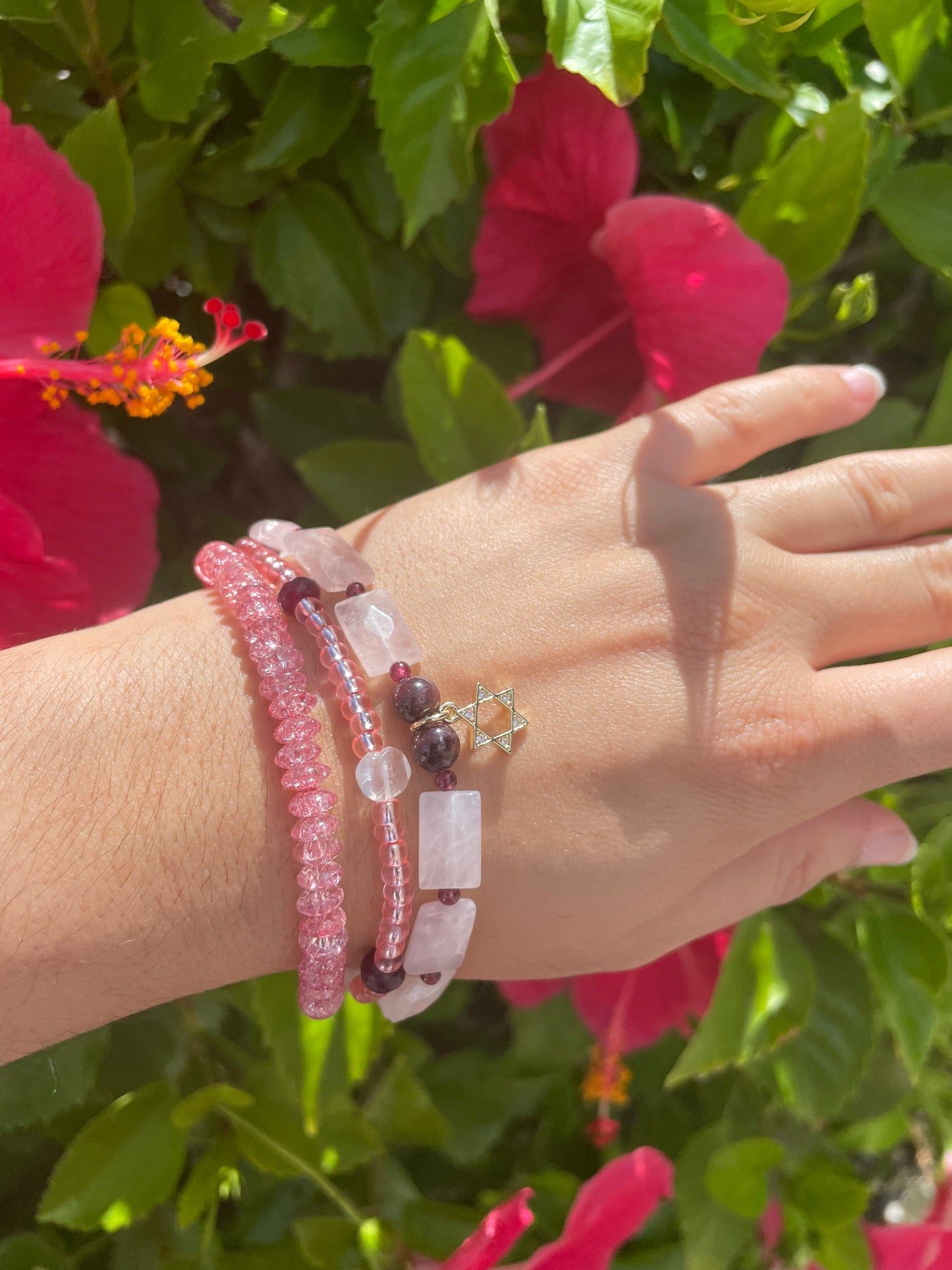3 Layers Rose Quartz, Garnet Gemstones and Pink Glass Beaded Gold Plated Magen David Bracelet