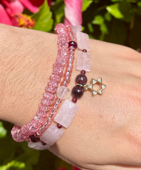 3 Layers Rose Quartz, Garnet Gemstones and Pink Glass Beaded Gold Plated Magen David Bracelet