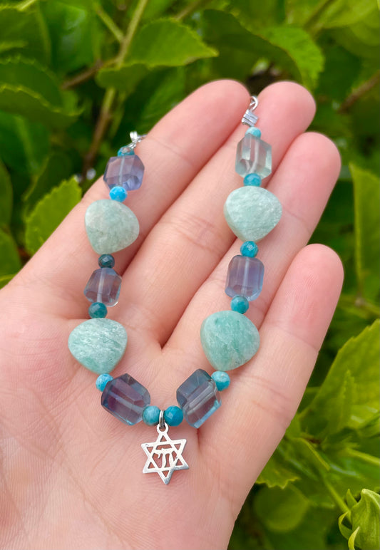 Amazonite Fluorite Apatite Blue Gemstones Silver Chai Magen David Adjustable Bracelet