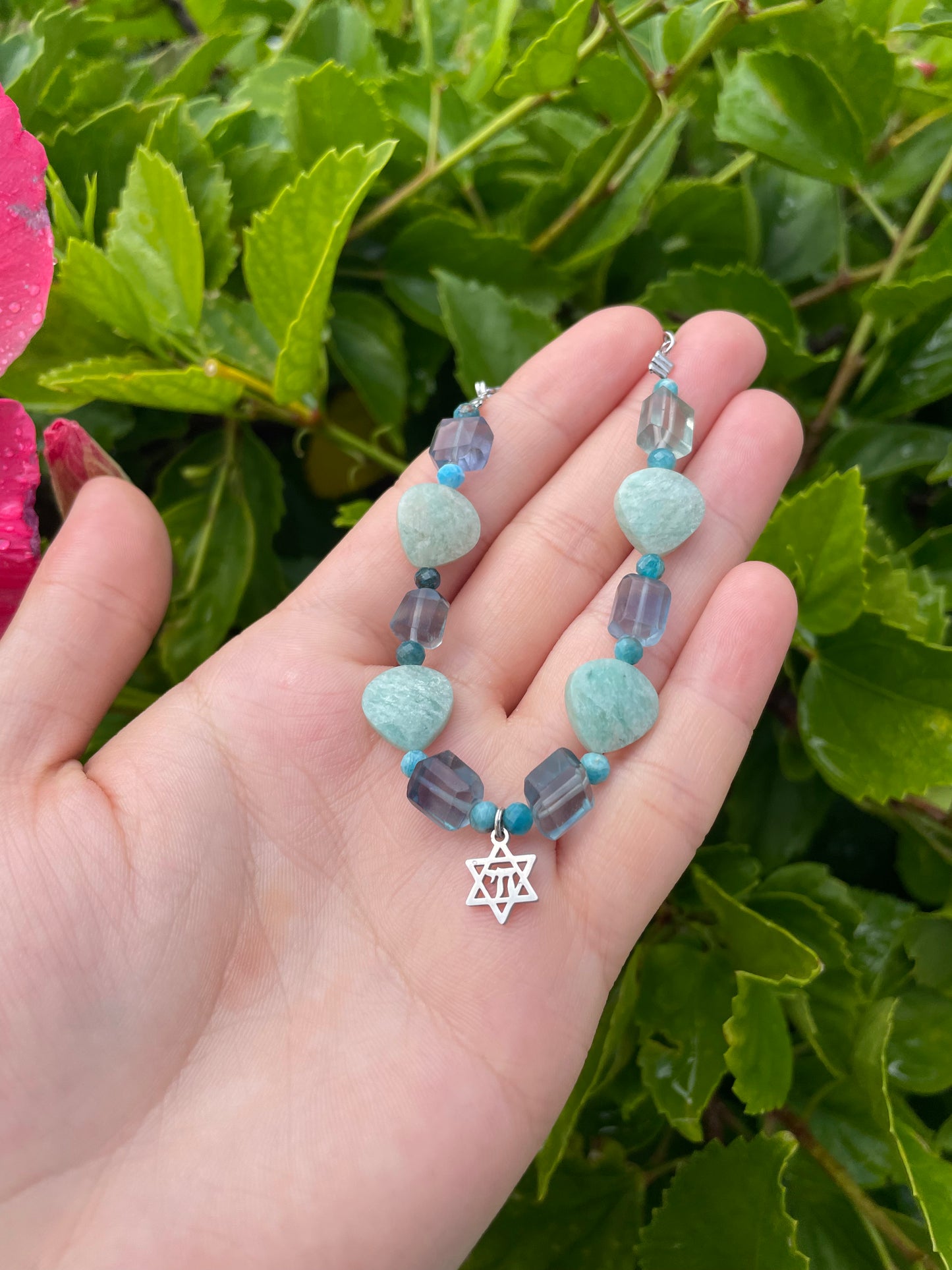 Amazonite Fluorite Apatite Blue Gemstones Silver Chai Magen David Adjustable Bracelet