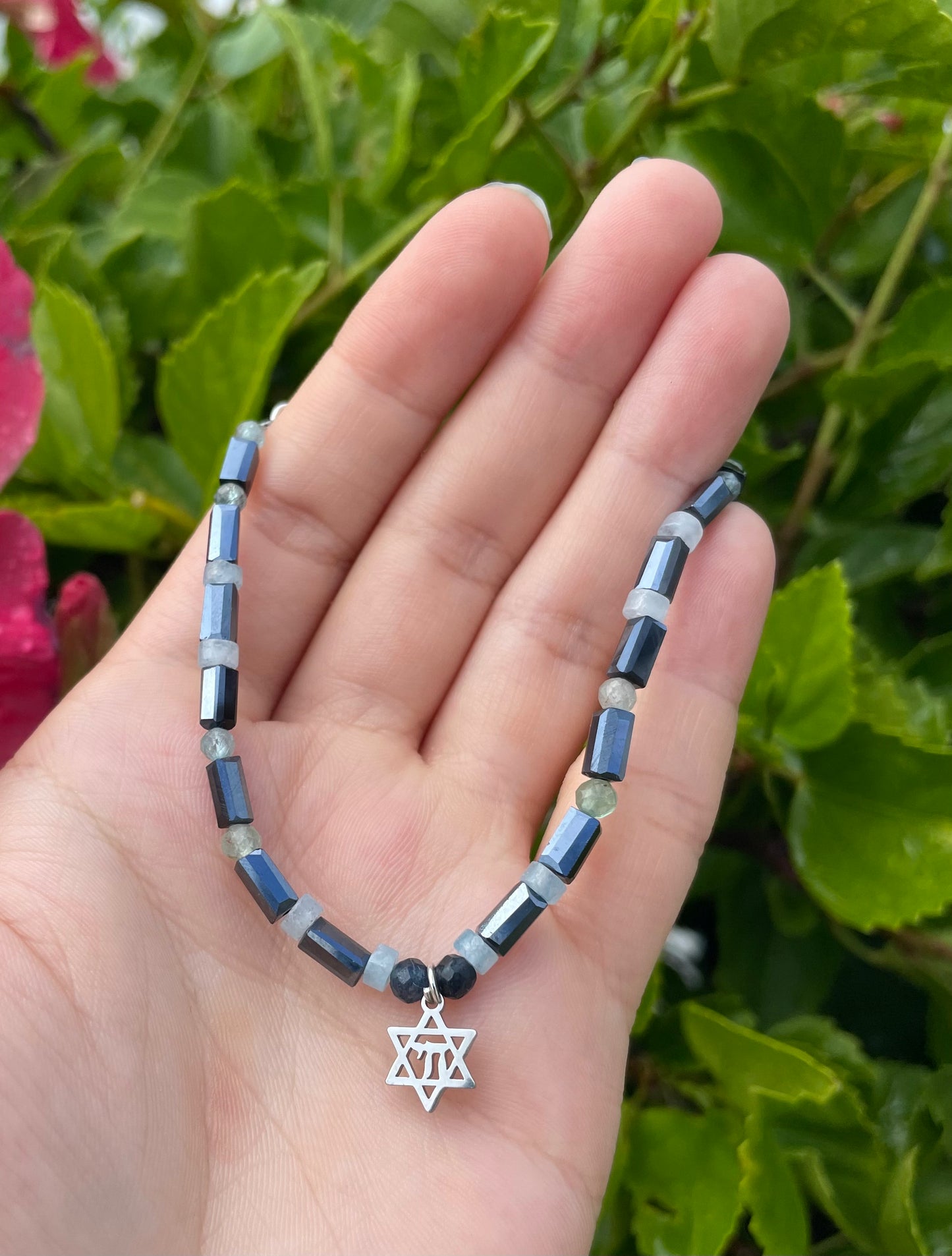Aquamarine Gemstones Dark Blue Glass Beaded Chai Magen David Bracelet