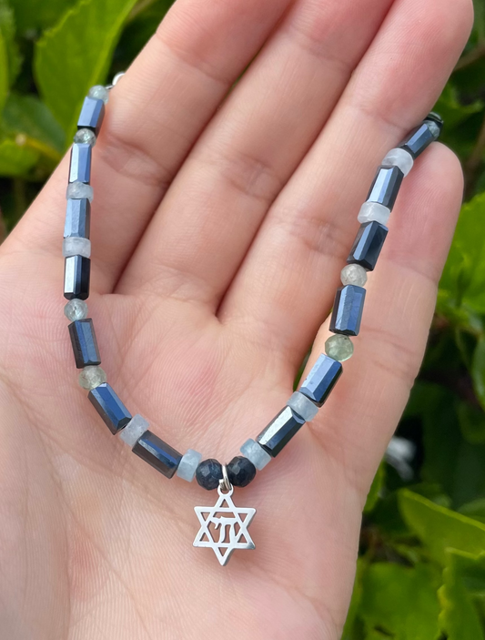 Aquamarine Gemstones Dark Blue Glass Beaded Chai Magen David Bracelet