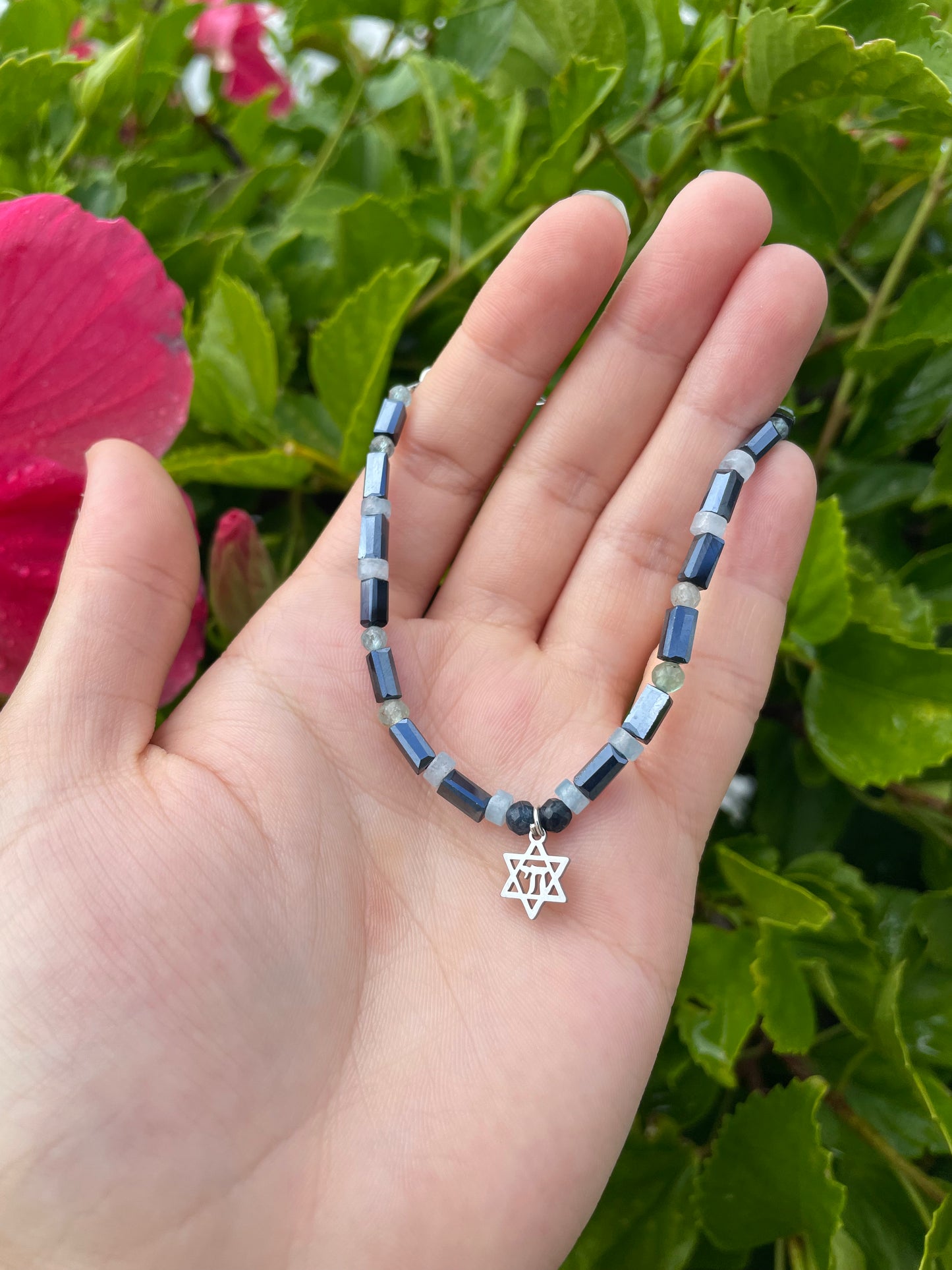 Aquamarine Gemstones Dark Blue Glass Beaded Chai Magen David Bracelet