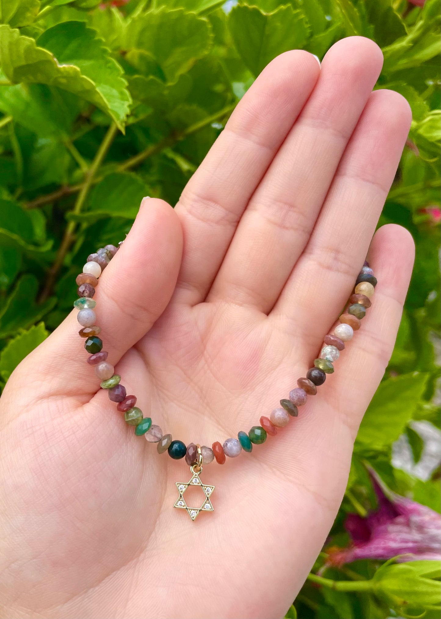 Indian Agate Colorful Gemstones Magen David Bracelet