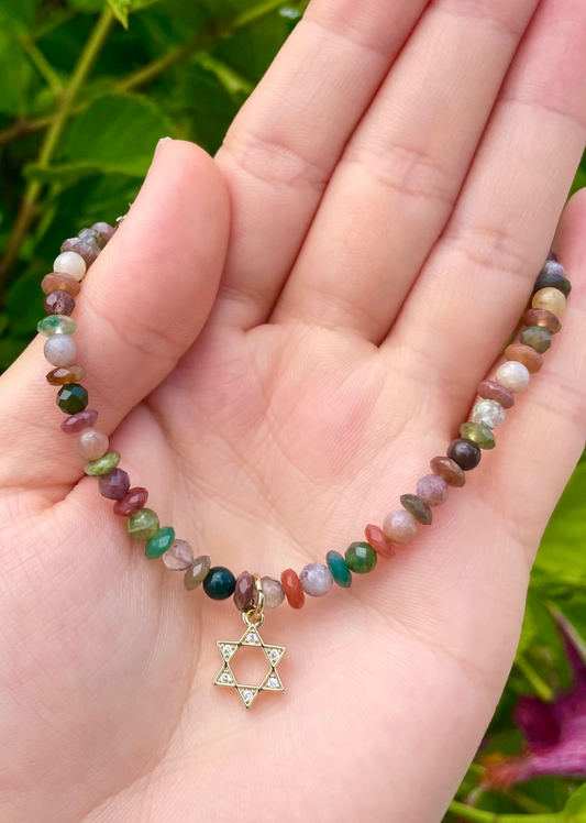 Indian Agate Colorful Gemstones Magen David Bracelet