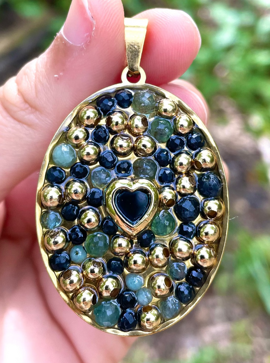 Blue Large Zirconia Heart &, Gold plated Kyanite Gemstones Resin Pendant