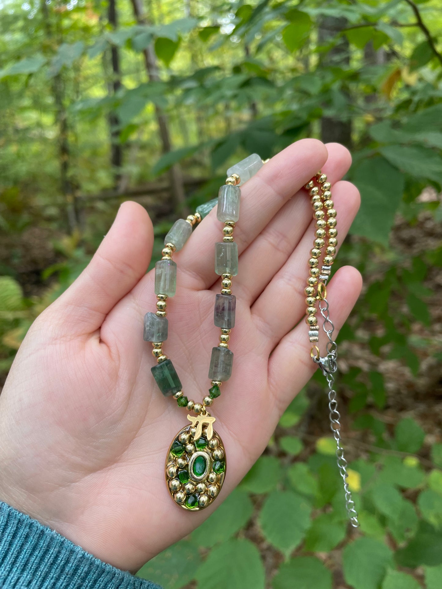 Green Fluorite Gemstones, Gold Plated Beads and Chai Resin pendant with Green Swarovski Beaded Necklace