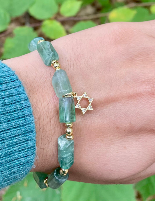 Green Fluorite Gemstones Gold Plated Magen David Bracelet
