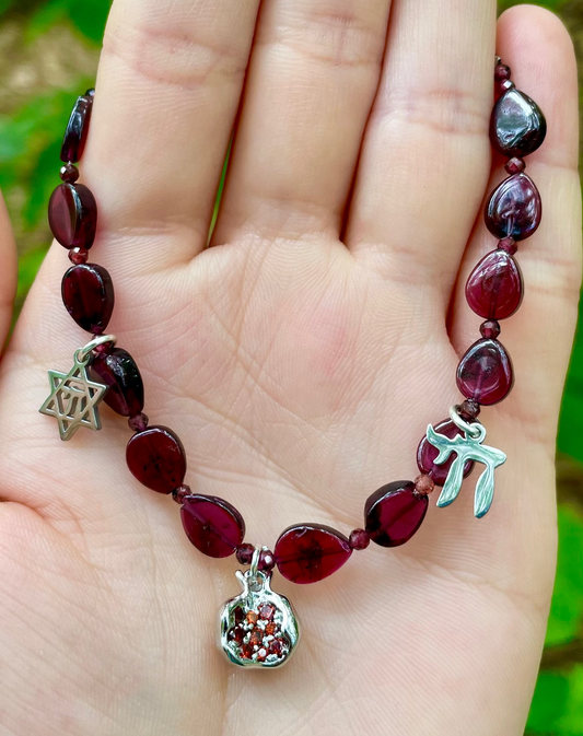 Garnet Gemstones Pomegranate, Chai & Magen David Bracelet