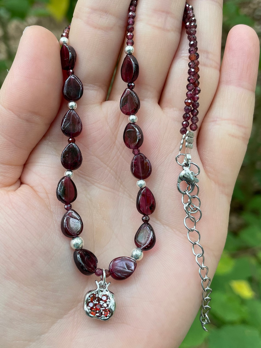 Sterling Silver Garnet Gemstones Beads Silver Pomegranate Necklace