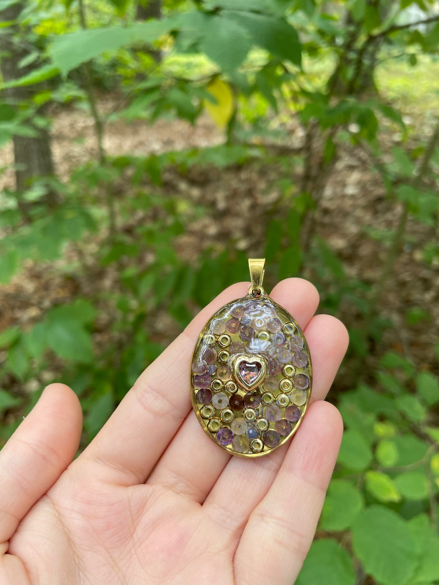Amethyst Heart Pendant. Purple Amethyst, Purple Zirconia, Gold Plated Stainless Resin Pendant