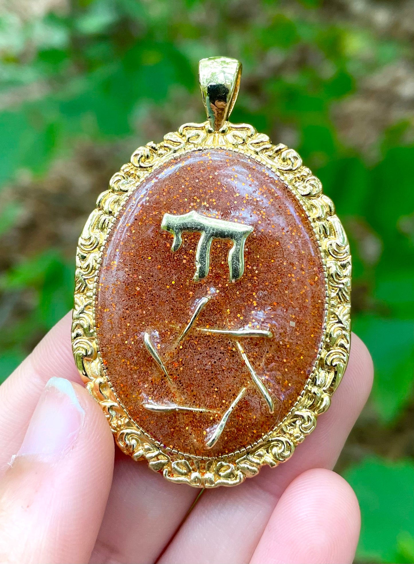 Orange Shine & Israeli Sand Chai Magen David Gold plated Resin Pendant