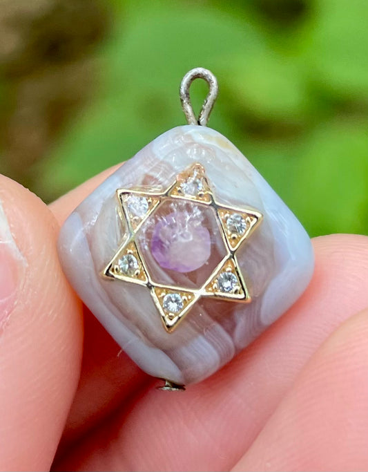 Purple Grey Agate and Amethyst Gemstones Magen David Pendant (beaded chain)
