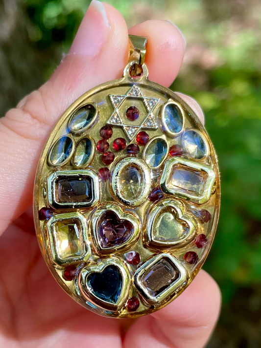 Gemology Pendant: Multi Shaped Zirconia and Garnet Gemstones Magen David Gold Plated