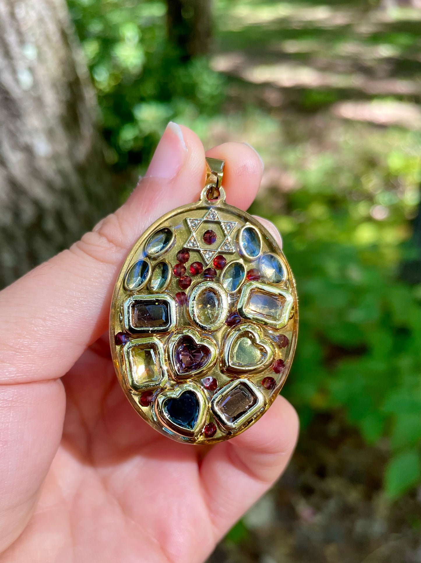 Gemology Pendant: Multi Shaped Zirconia and Garnet Gemstones Magen David Gold Plated
