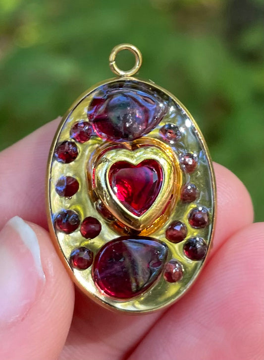 Zirconia Red Heart and Garnet Gemstones Gold Plated Resin Pendant