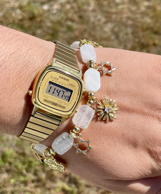 Moonstone Gemstones Gold Plated Magen David Stars and Flowers Adjustable Beaded Bracelet