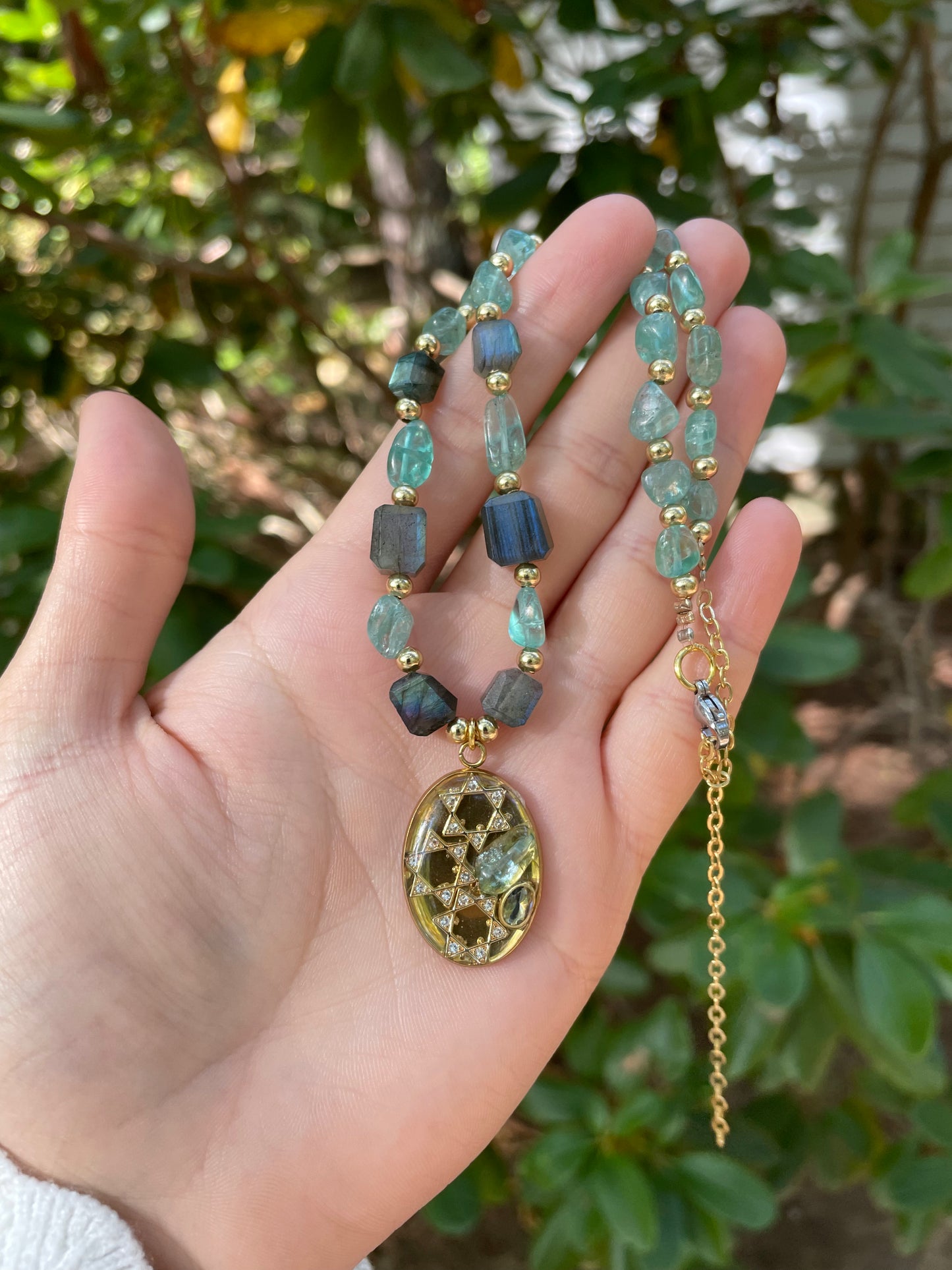 Triology Pendant with Labradorite Green Blue Beaded Gemstones and Gold Plated Beads
