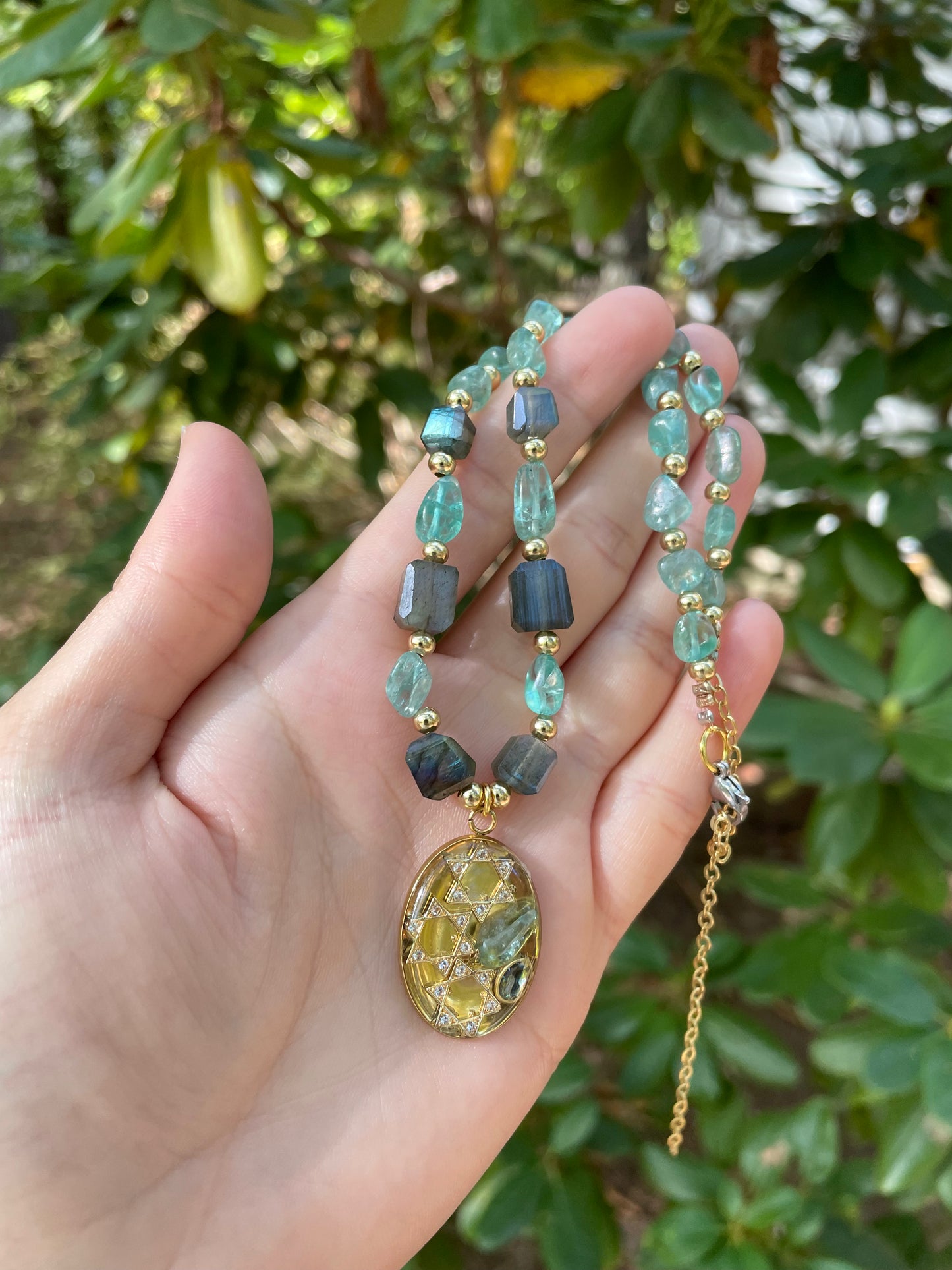 Triology Pendant with Labradorite Green Blue Beaded Gemstones and Gold Plated Beads