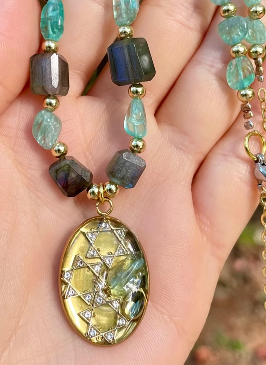 Triology Pendant with Labradorite Green Blue Beaded Gemstones and Gold Plated Beads
