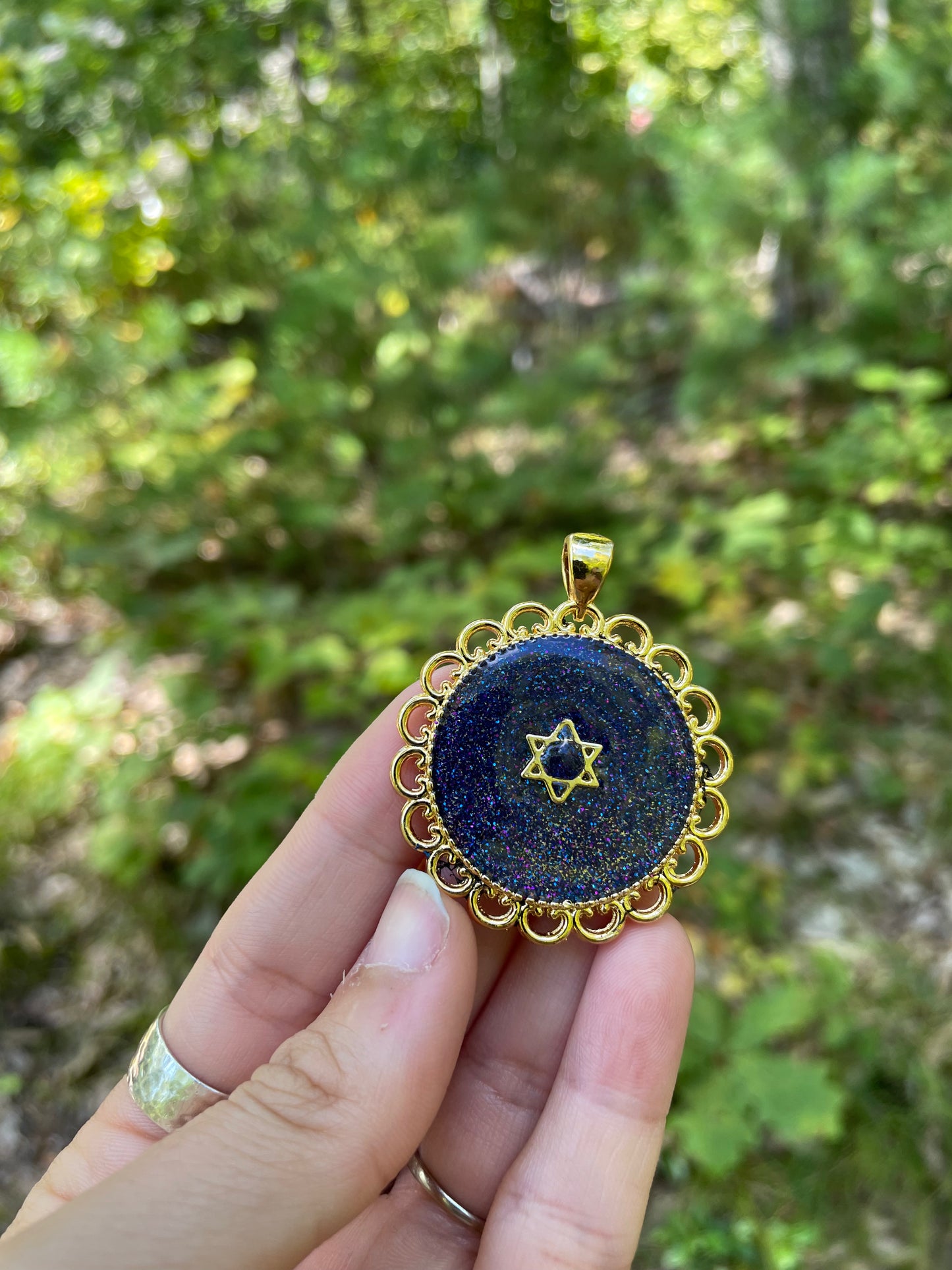 Soul of the Galaxies: Gold plated Magen David with Purple and Blue Shine