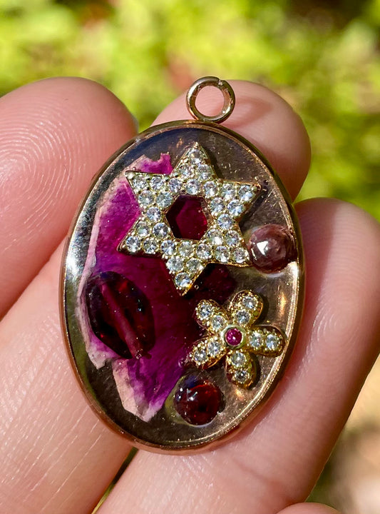 Dorit: Israeli Pink Flower Leaf, Garnet Gemstones, Zirconia Magen David Resin Rose Golden Pendant