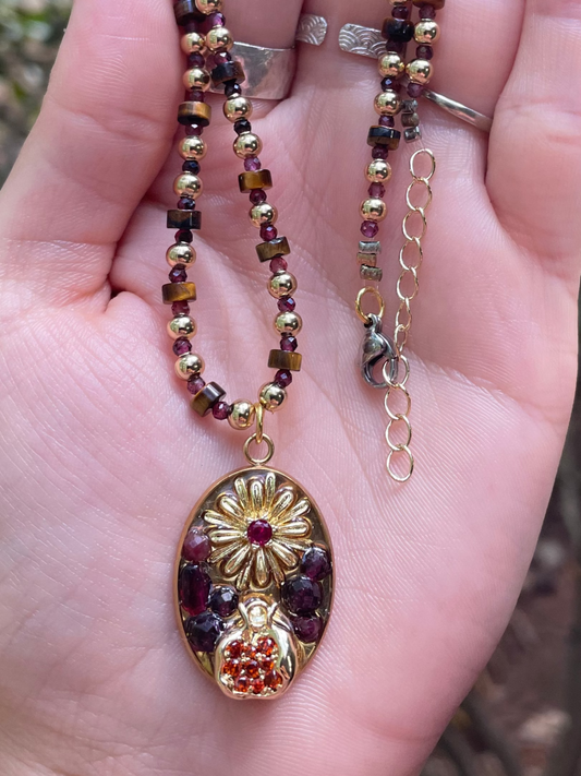 Garnet Tiger's Eye Pomegranate Beaded Necklace and Resin Pendant