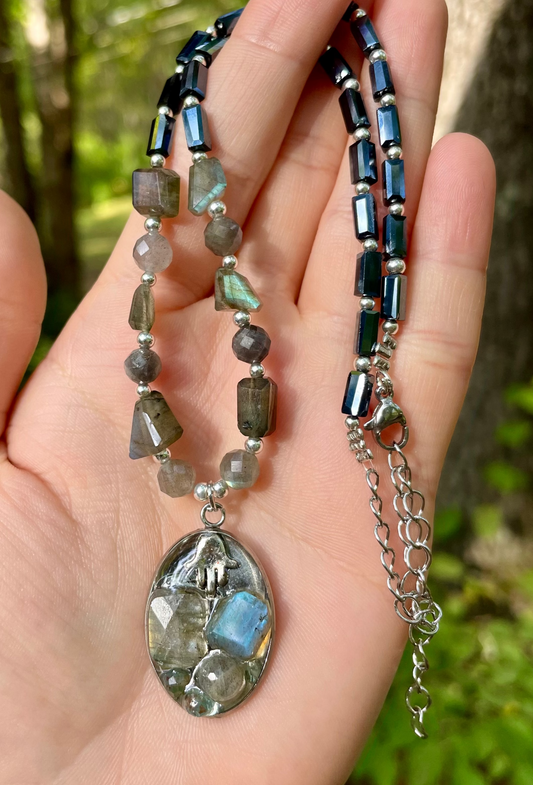 Hamsa Labradorite and Blue Glass Beaded Necklace and Resin Pendant