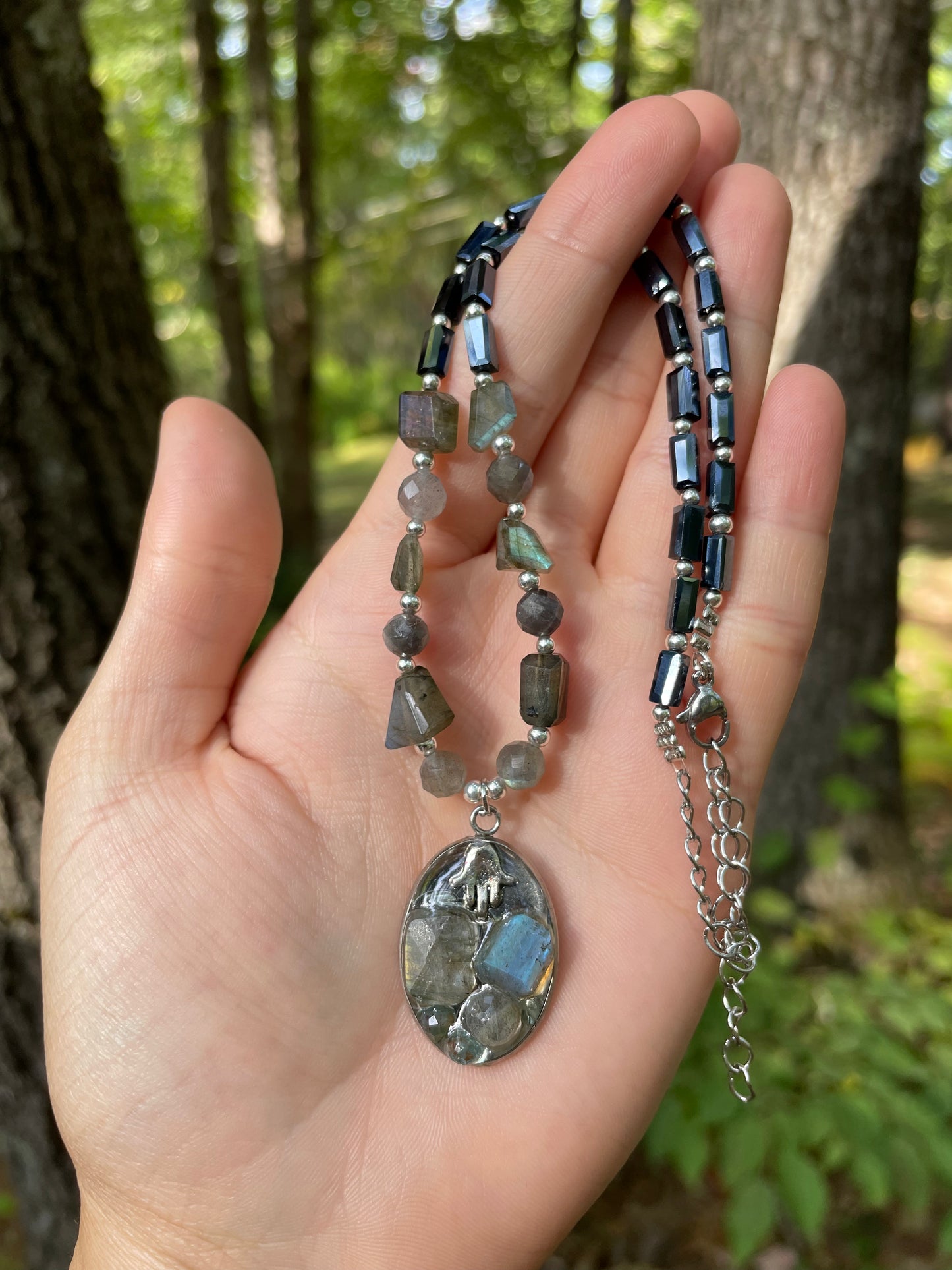 Hamsa Labradorite and Blue Glass Beaded Necklace and Resin Pendant