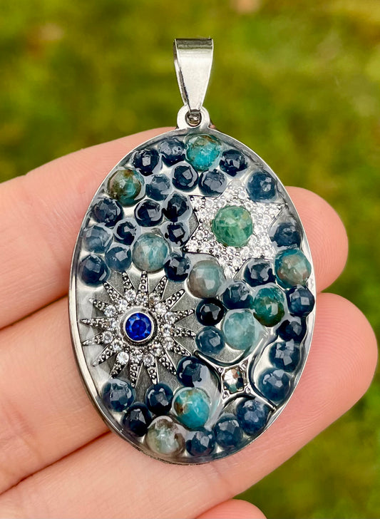 Kyanite gemstones, Blue Sun and Zirconia Magen David Stainless Pendant