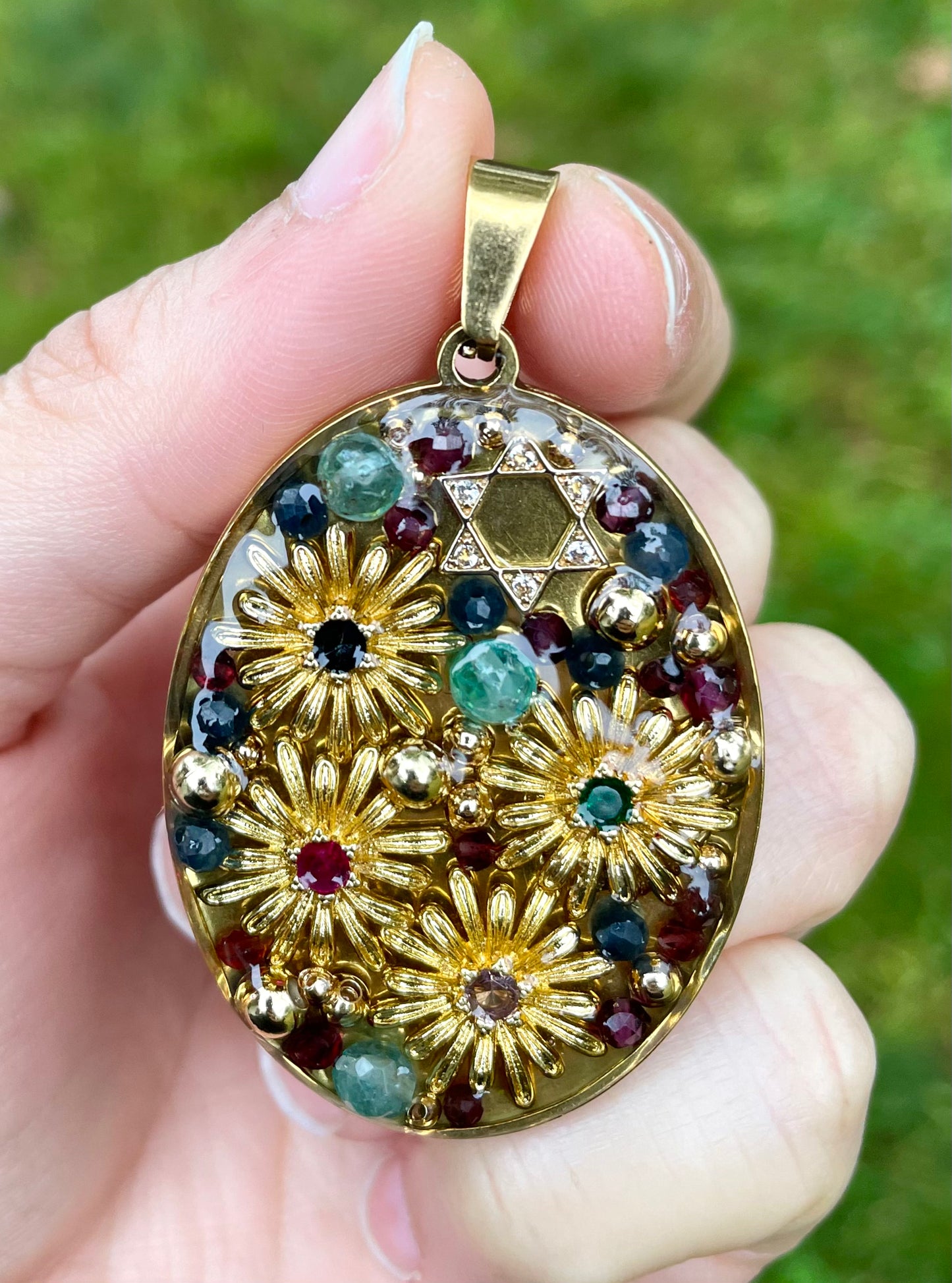 Flowers Garden Gold Plated Magen David Pendant of Garnet and Kyanite Gemstones