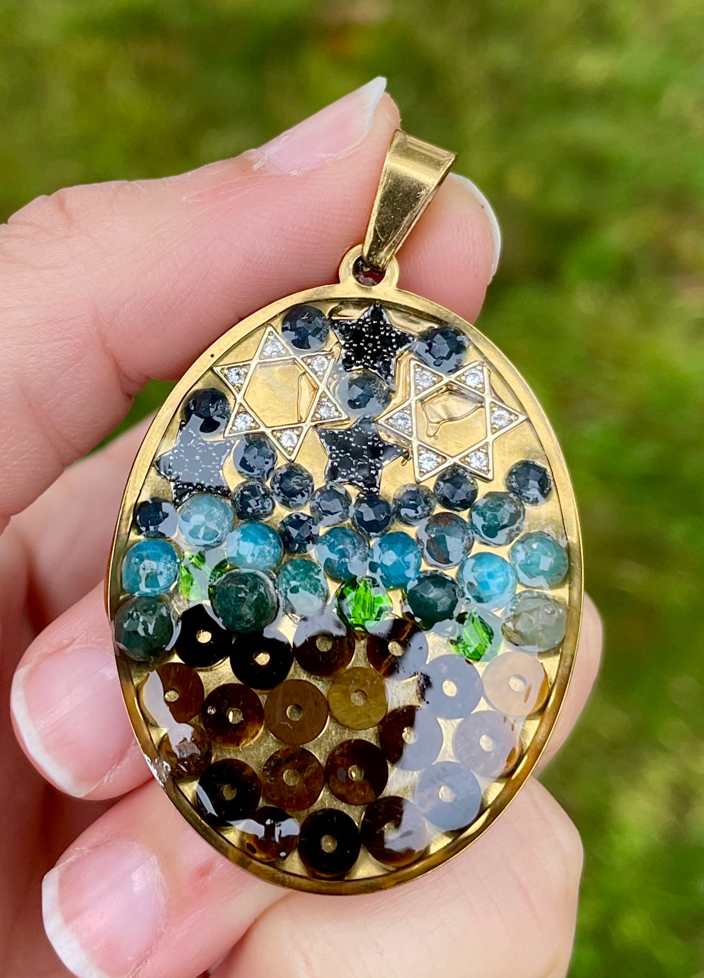 Double Magen David, Starry Night and Green Grass Garden Gemstones Pendant