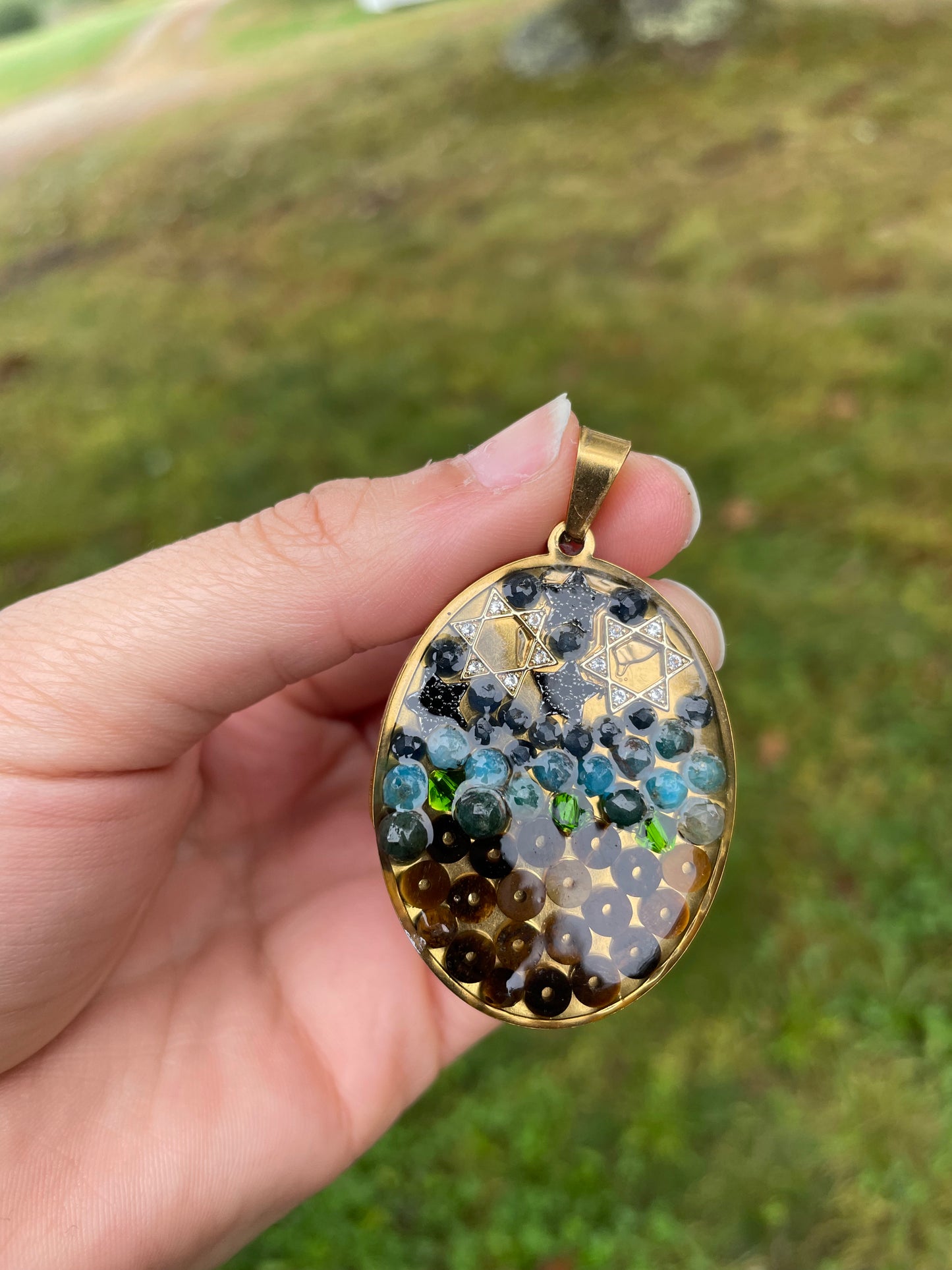 Double Magen David, Starry Night and Green Grass Garden Gemstones Pendant