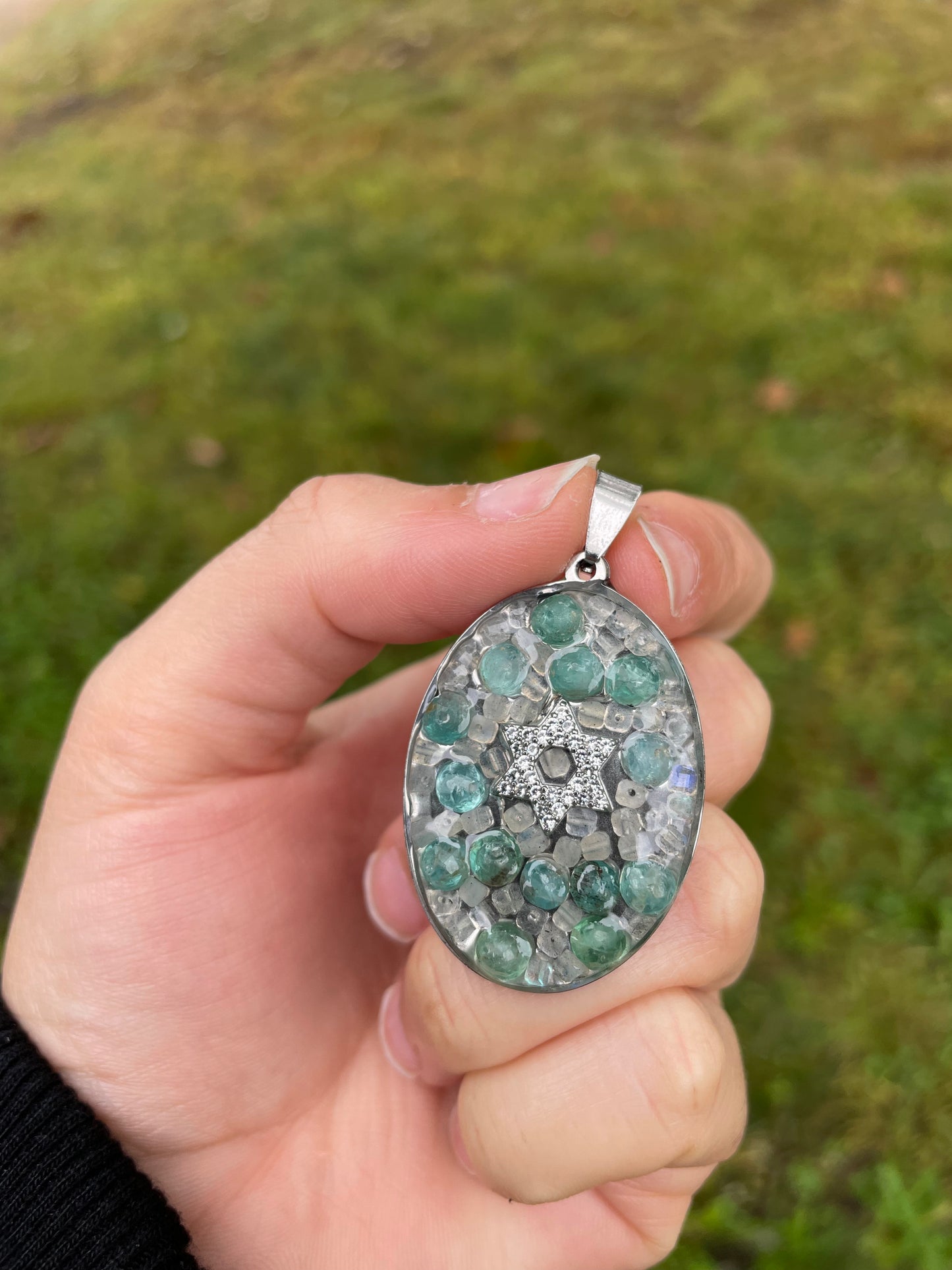 Labradorite & Apatite, Zirconia Magen David Gemstones Pendant in Resin