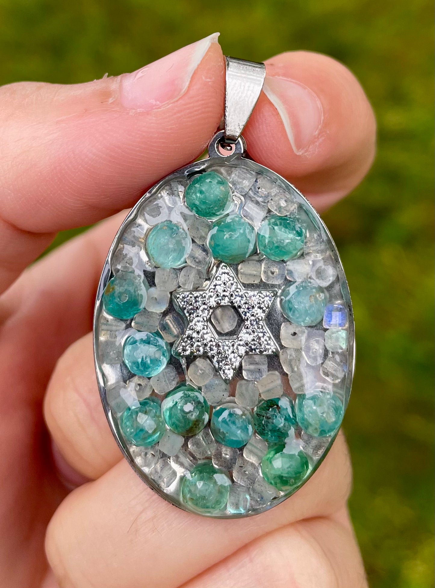 Labradorite & Apatite, Zirconia Magen David Gemstones Pendant in Resin