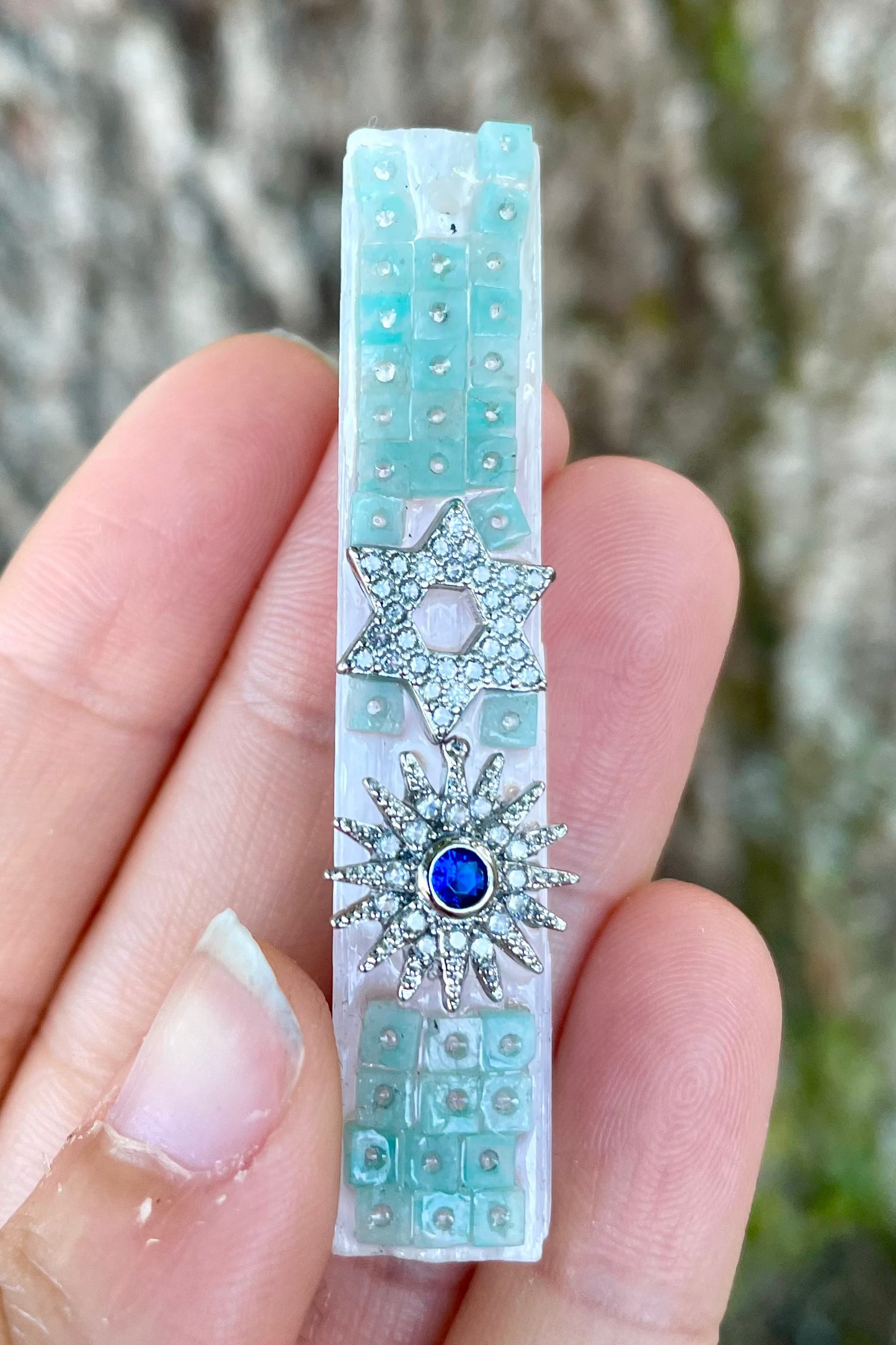 Selenite White Crystal Pillar, Zirconia Magen David, Amazonite Gemstones and Blue Sun