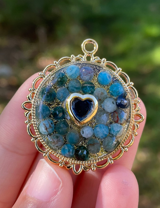 Zirconia Blue Heart and Apatite Blue Gemstones in Gold Plated Decorated Pendant