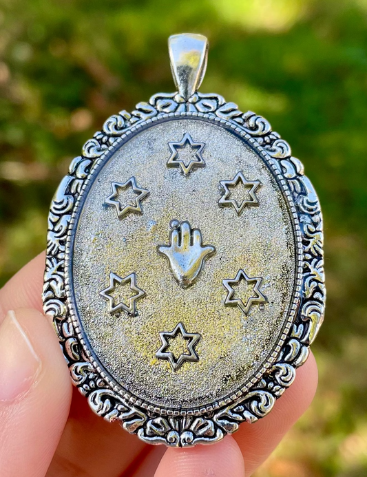 Hamsa & Magen David Stars Silver toned Large Pendant