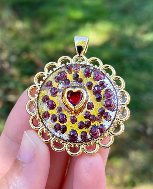 Heart of Garnet Gemstones, Resin, Red Zirconia and Gold Plated Round Decorated Frame