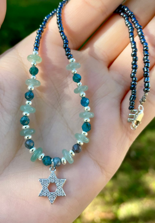 Zirconia Magen David, Blue Apatite and Green Aventurine Beaded Dark Blue Glass Beaded Necklace