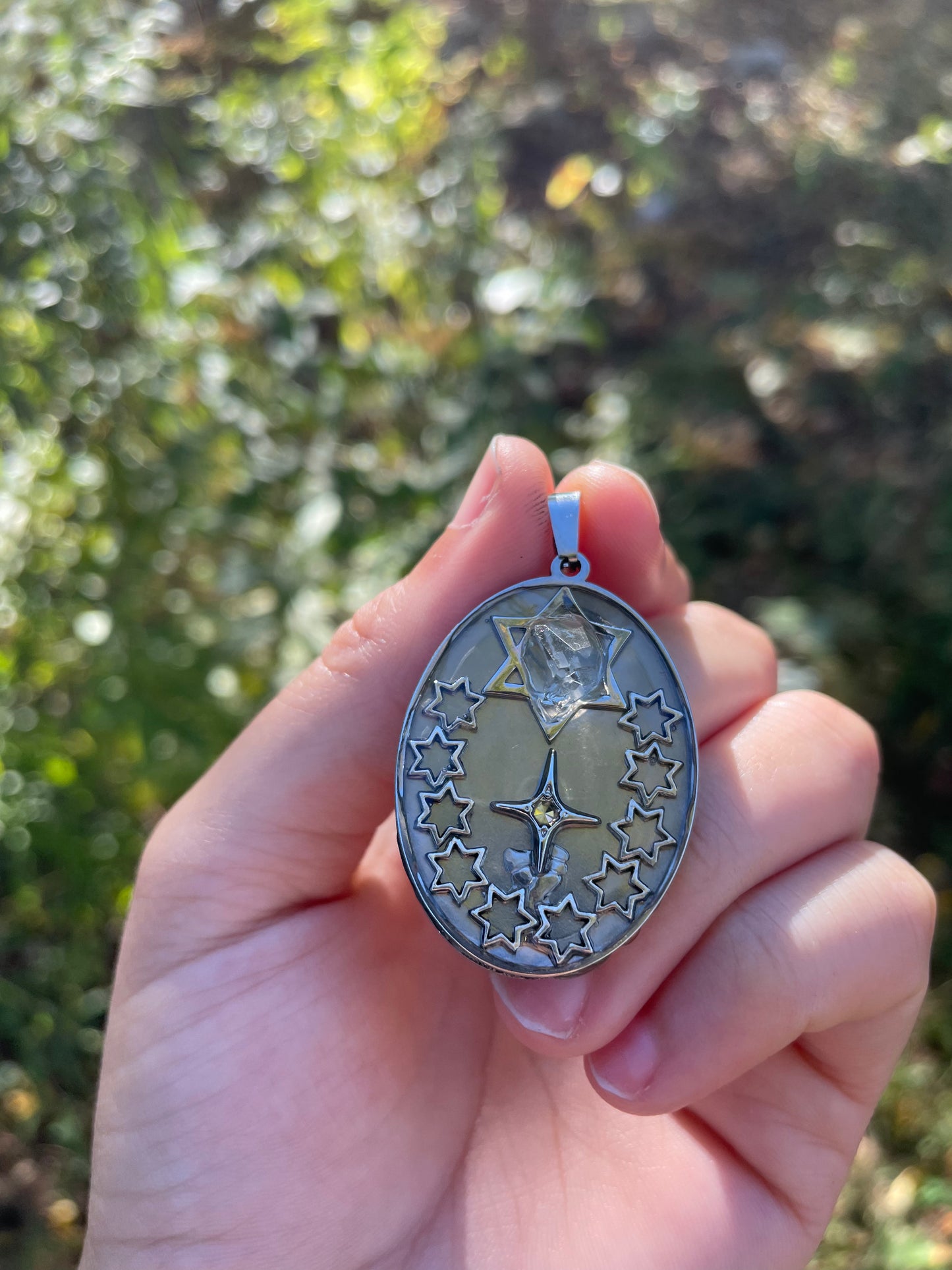 Green Amethyst, Silver Tones Magenei David and Resin Stainless Oval Pendant
