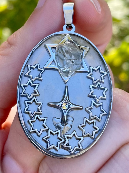 Green Amethyst, Silver Tones Magenei David and Resin Stainless Oval Pendant