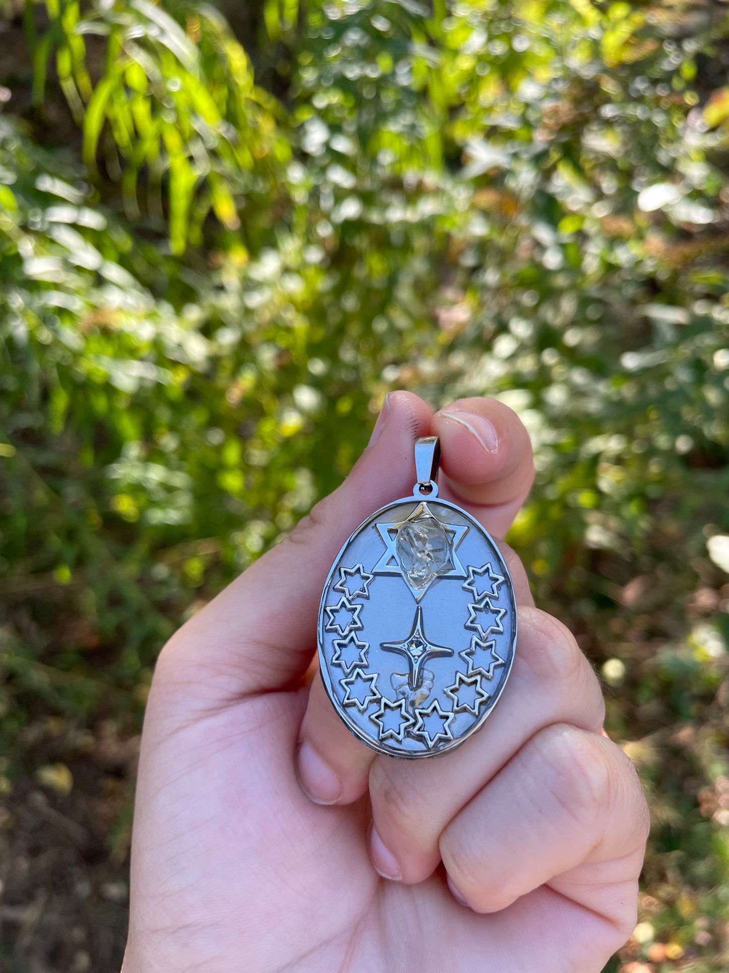 Green Amethyst, Silver Tones Magenei David and Resin Stainless Oval Pendant