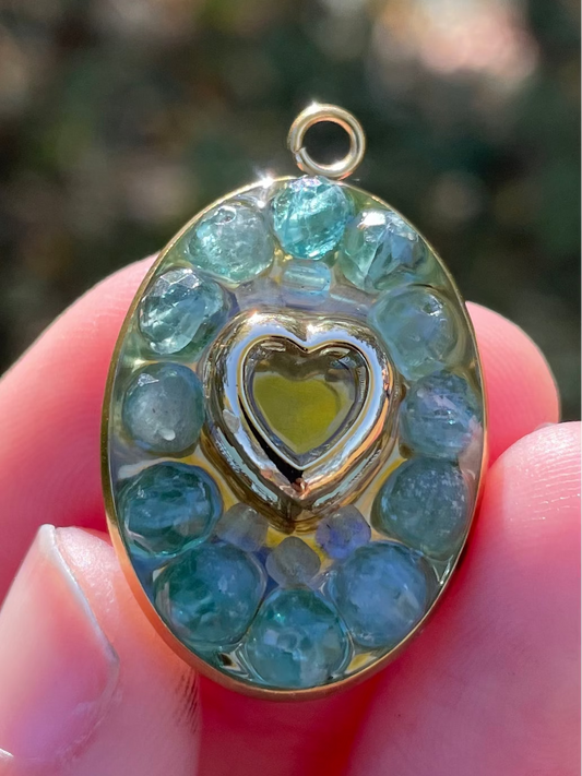 Zirconia Blue Heart and Kyanite Green - Blue Gemstones Gold Plated Resin Pendant