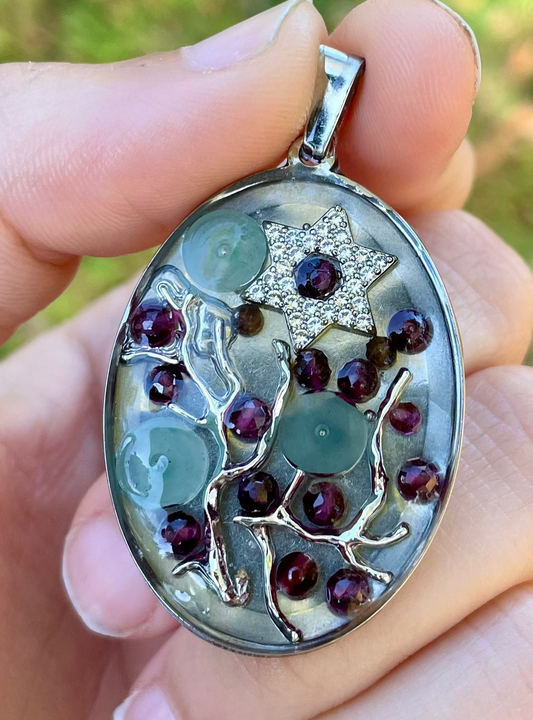 Cherry Tree Zirconia Magen David Garnets Aventurine Pendant